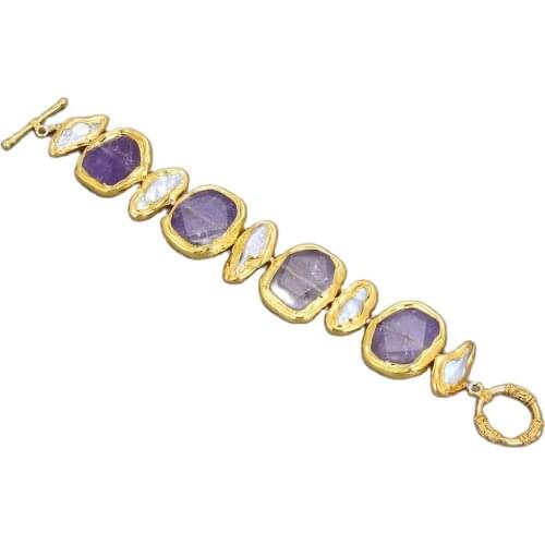 JK Freshwater White Biwa Pearl Amethyst 24 KT Gold Color Plated Bracelet For Women