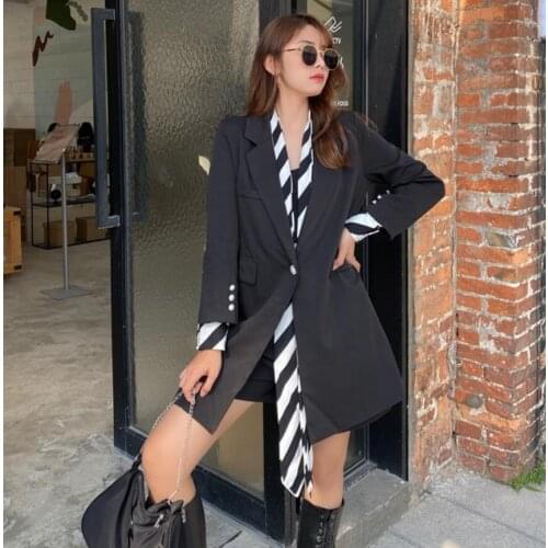 2021 Autumn Fashion Womens Black Suit Coat Black White Striped Patchwork Office Lady Blazer Feminino Long Blazer Coats