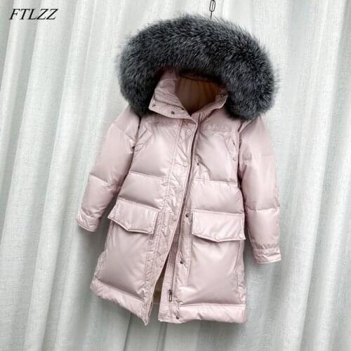 FTLZZ Winter Large Natural Fur Collar Hooded Long Down Jacket Women 90% White Duck Down Coat Bright Skin Waterproof Snow Outwear