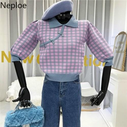 Neploe Knitted Sweater Women Chinese Style Korean Pullover Vintage Spring 2021 Plaid Crop Sweater Turn-down Collar Top 1A247