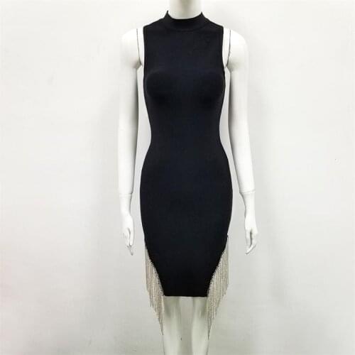 Womens bandage dress new 2019 summer celebrity party black white round neck fringed dress sexy fashion wholesale Dress + suit