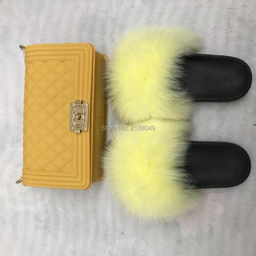 MOQ 1 set women soft fox real fur slides fur sandals matching with jelly purses