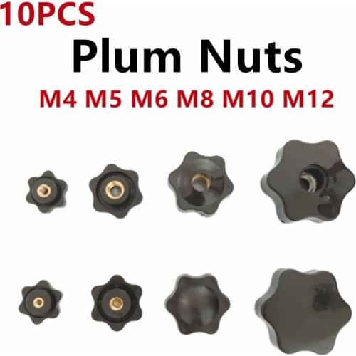 10PCS M4 M5 M6 M8 M10 M12 Plum Hand Tighten Nuts Handle Thread Mechanical Black Thumb Nuts Clamping Knob Manual Nuts Perforated
