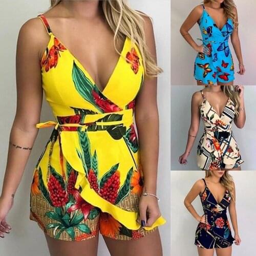 2020 Women Summer Sleeveless Backless Suspenders Rompers Hollow Out Floral Print Jumpsuit Casual Loose Playsuit