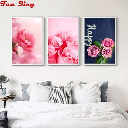 3pcs 3D DIY Diamond Embroidery,Cross Stitch Painting Pink flowers Full Square Round Rhinestone mosaic Diamond Painting