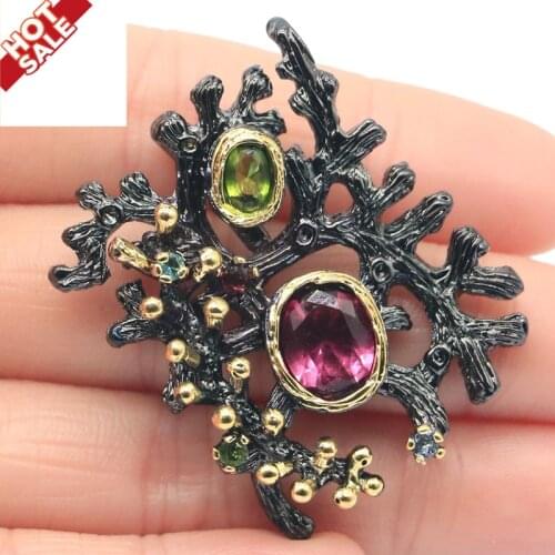 38x31mm SheCrown 20g Gothic Vintage Coral reef Created Paris Blue Topaz Tourmaline Peridot Black Gold Silver Pendant For Man