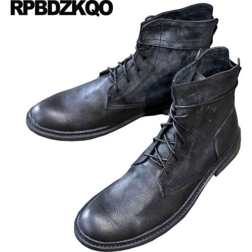 Ankle Lace Up 2018 Genuine Leather Short Booties British Style Black Autumn Boots Full Grain Retro Handmade Designer Mens Shoes