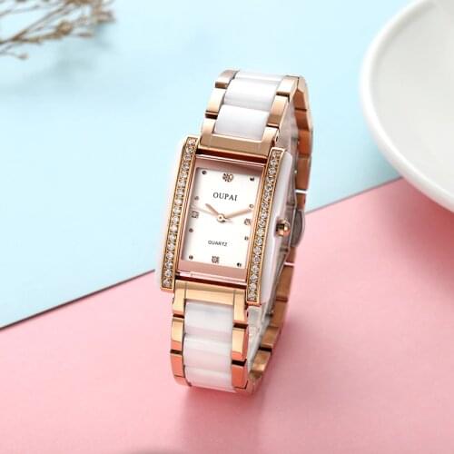 OUPAI New Arrival 2020 Square White Ceramic Watch Women Sapphire Waterproof Business Watch Lady Luxury Quartz Watch