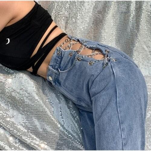 EB DEM European and American style slit metal chain cross strap high waist distressed jeans