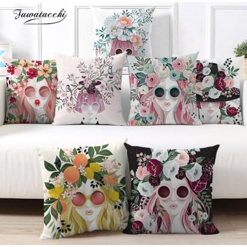 Fuwatacchi Cute Flower Girl Cushion Cover 45x45cm Beautiful Plant Print Bedroom Decoration Sofa Chair Car Pillowcase Home Decor