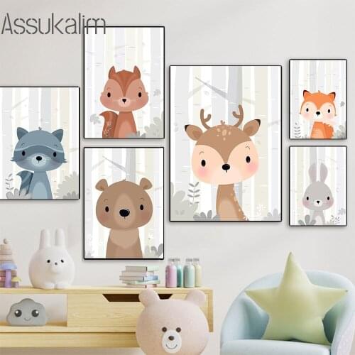 Nursery Art Paintings Animal Posters Rabbit Wall Prints Raccoon Canvas Poster Fox Print Nordic Wall Picture Baby Kids Room Decor