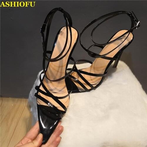 ASHIOFU Handmade Classic Ladies Sandals X-buckle Strap Pointed-toe Sexy Party Prom Shoes Evening Club Fashion Sandals Shoes