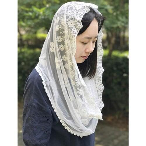 Rounded Ivory Lace Chapel infinity veil Catholic Mantilla Veil for Church Floral Embroidered Latin Mass Mantilla de Novia Negra