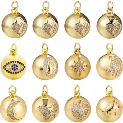Juya DIY 14mm Cubic Zirconia Metal Ball Evil Eye Moon Star Elephant Hamsa Charms For Fashion Pendant Jewelry Making Supplies
