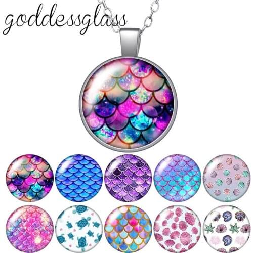 Colorful Fish scales shellfish images Cute Round Glass glass cabochon silver plated/Crystal pendant necklace jewelry for Gift