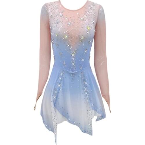 Ice Skating Dress Girls Gradient Spandex Elastane High Elasticity Competition Skating Wear Handmade Jeweled Rhinestones