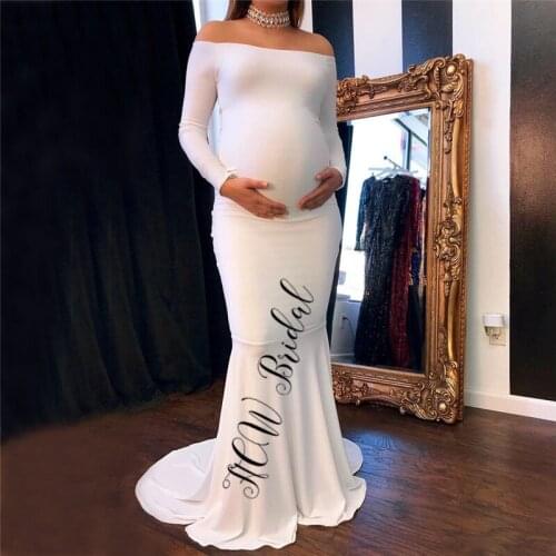 Simple White Mermaid Evening Dress Off The Shoulder Long Sleeve Spandex Elastic Pregnant Woman Prom Gowns 2020 Vestido De Festa
