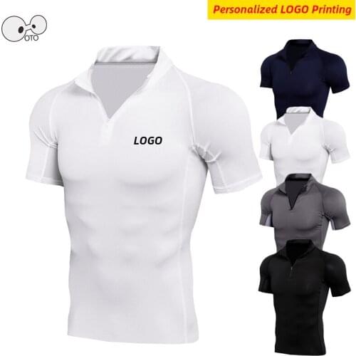 1/4 Zipper Stand Collar Quick Dry Running Shirts Men Short Sleeve Gym Fitness Top Tees Elastic Workout Sportswear Personalized