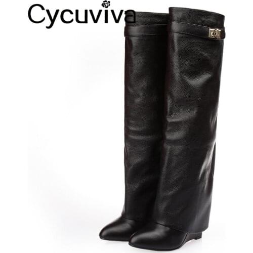 Knee High Boots Women Chic Silver Metal Shark lock Knight Boots Sexy Pointy Toe Leather Wedge Increase Height Heel Long Boots