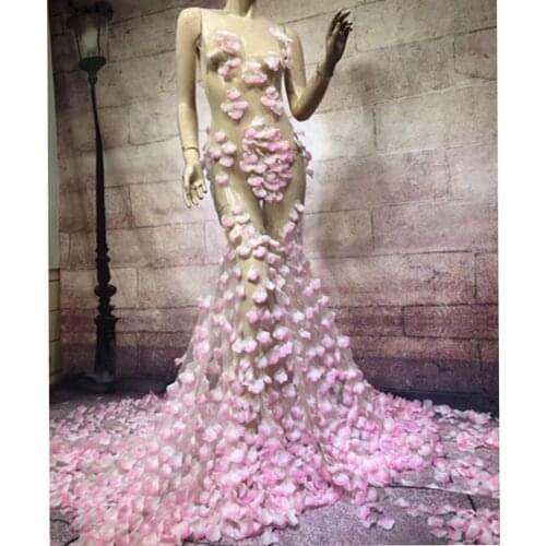 Sexy Pink Flower Mesh See Through Tail Dress Women Sleeveless Evening Party Dress Celebrate Singer Stage Performance Clothing