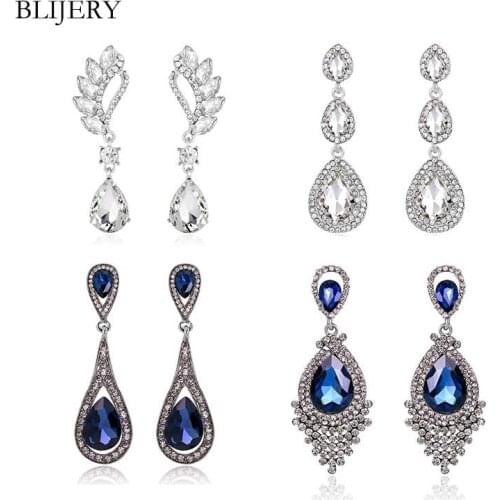 BLIJERY Navy Blue/Clear Crystal Long Drop Earrings for Women Fashion Jewelry Brides Wedding Dangle Earrings Femme Brincos