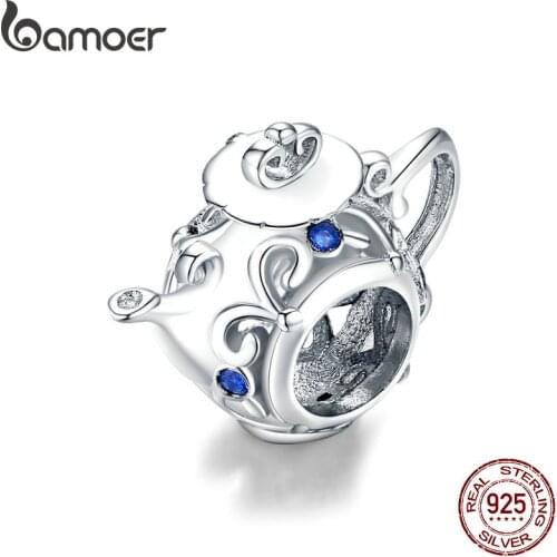 Bamoer Real 925 Sterling Silver Openwork Hollow Teapot Metal Beads for Women Jewelry Making Charm for Bracelet Accessory BSC274