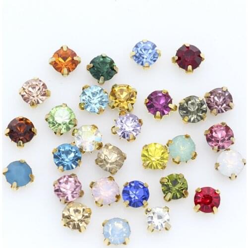 TopStone Round Sew on Glass Rhinestones 4 5 6 7 8 mm Crystal Chatons in Gold Claw Setting for Sewing on Garments