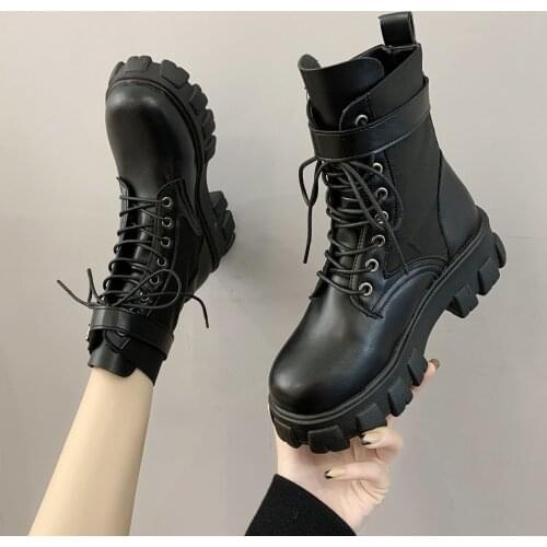 2021 Black Platform Combat Ankle Boots for Women Lace Up Buckle Strap Woman Shoes Winter Biker Boots Big Size Chunky Boots