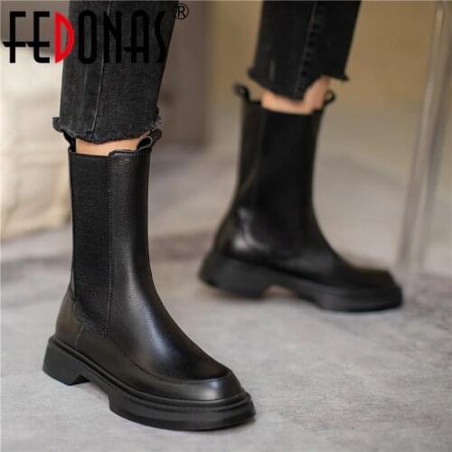 FEDONAS Top Quality Leather Motorcycle Boots For Women Platform Thick Botton Round Toe Shoes Woman Chunky Heels Ankle Boots