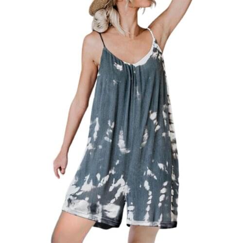 Romper women summer 2021 short Leisure Playsuit Tie Dye Loose V Neck Wide Leg Sling Jumpsuit for Beach Street wear Blue xxxl