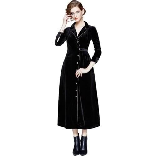 New 2021 Winter Office Lady Women Vintage Notched Collar Wrap Black Velvet Long Coat Thick Warm Long Trench Coat Outwear