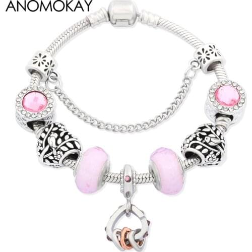 Anomokay Lovely Pink Murano Crystal Charm Bracelet Forest Bird Heart Bead Bracelet DIY Love Heart Pendant Bracelet Femme