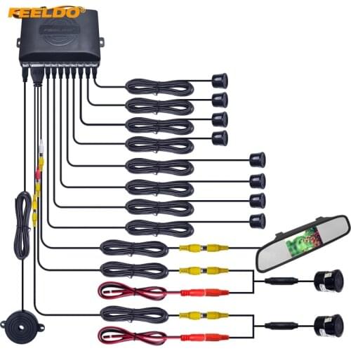 FEELDO Car 4.3" Rearview Mirror Monitor 8-Sensor Radar 2x 18.5mm CCD Camera Dual Rearview Video Parking Sensor System #FD-1978