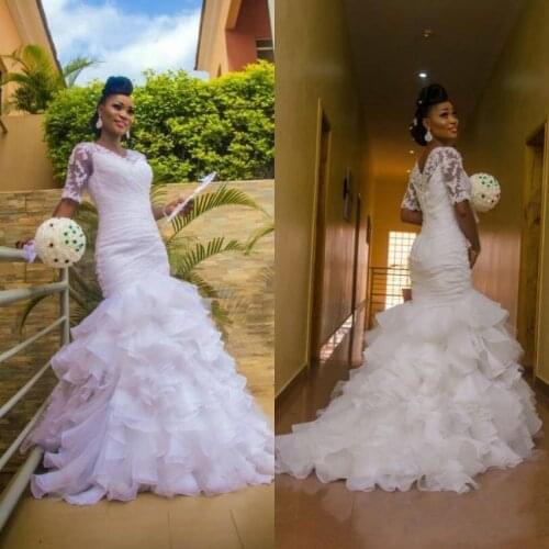 African White Mermaid Wedding Dresses 2022 Appliques Lace Tiered Skirt Half Sleeve Long Bridal Gowns Robe De Mariee