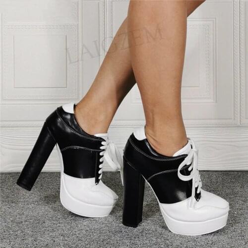 BERZIMER SUPER Platform Ankle Boots Block Chunky High Heels Booties Handmade Botas Ladies Shoes Woman Large Size 45 49 50 52