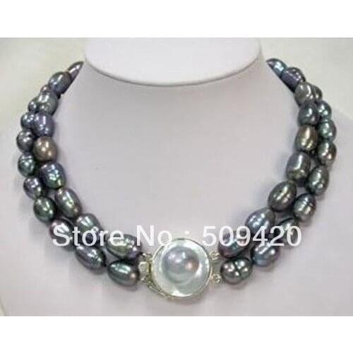 ~~ HGU57 OP1 Free Shipping8-9mm Elegant black pearl necklace Mabe buckle