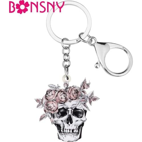 Bonsny Acrylic Halloween Gray Flower Skull Keychains Skeleton Keyring Jewelry For Women Girls Teen Festival Gift Bag Decoration