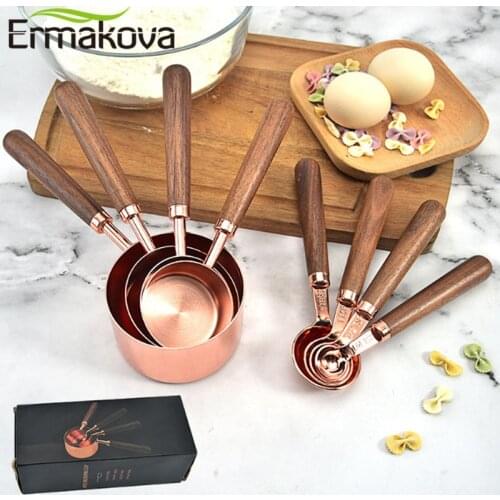 ERMAKOVA Household Kitchen Dining Bar Baking Tools Walnut Wooden Handle Copper Plating Measuring Cups Spoon Cake Sugar Tools Set