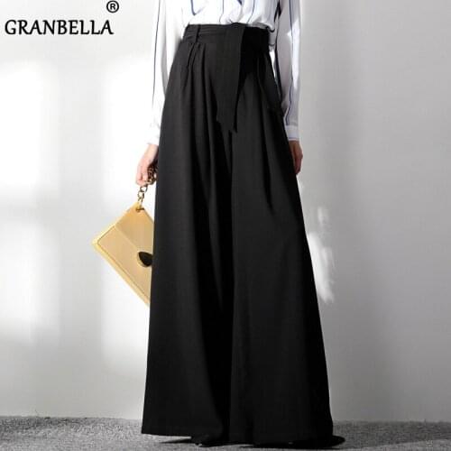 Europen Black Plain Trouser For Women High Waist Causal Loose Wide Leg Pants Business Ladies Elegant Sashes Pants Work Wearing