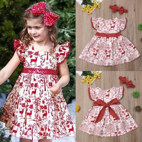 FOCUSNORM Toddler Kids Baby Girls Christmas Dress Deer Bowknot Pageant Party Wedding Gown Off Shoulder Dress
