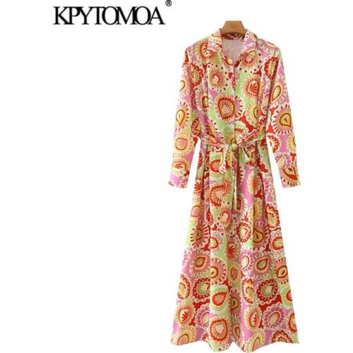 KPYTOMOA Women 2021 Fashion With Belt Printed Midi Shirt Dress Vintage Long Sleeve Button-up Female Dresses Vestidos Mujer
