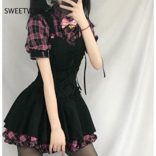 Summer Dresses for Women Plaid 2021 Kawaii Pink Clothes Short Sleeve Strap Midi Dress Lolita Harajuku Cottagecore Robe Y2K