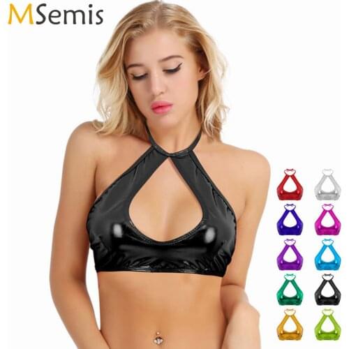 MSemis Women Holographic Metallic Bra Top Sexy Halter Sleeveless Cut Out Strappy Bralette Music Festival Club Mini Rave Crop Top
