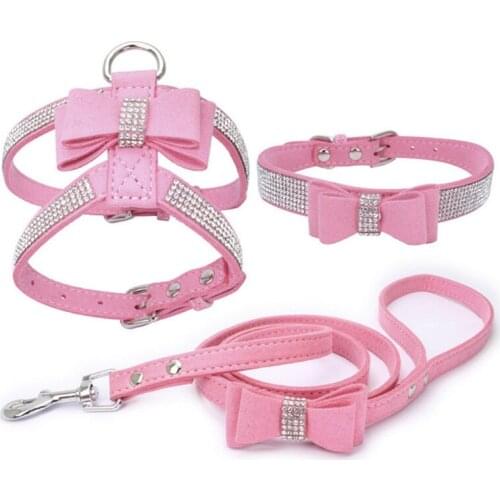 Soft Bow Chest Strap With Buckle Rhinestone Suede Adjustable Pet Dog Cat Harness Leather High Quality Pet Collar 3-Piece Set
