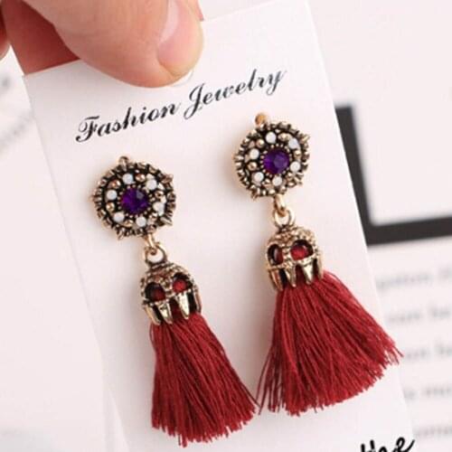 New Bohemian Vintage Accessories Long Drop Tassel Earrings Beautiful Metal Hollow Out Rose Rhinestone Brinco For Women