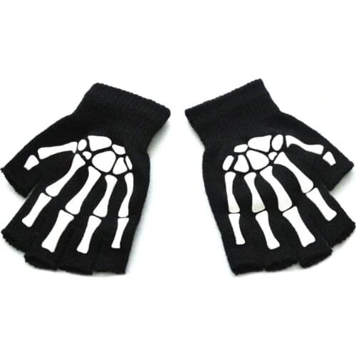 Unisex Adult Halloween Skeleton Skull Half Finger Gloves Glow in the Dark Fingerless Stretch Knitted Winter Mittens