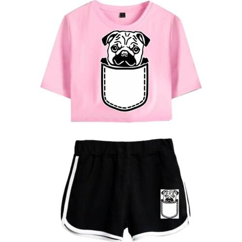 Popular FUNNY PUG Exposed Navel Pink T-shirt+Black Shorts Womens two-piece Sets Casual Girls Cute Printing Animal Dog Suits