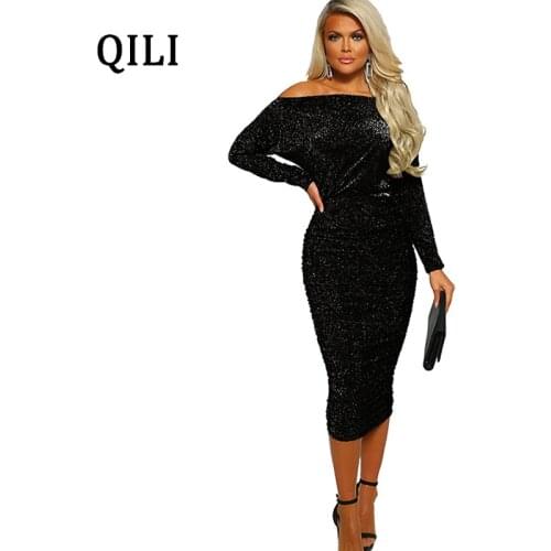 QILI Slash Neck Sparkly Silk Dress Women Long Sleeve Off Shoulder Pencil Bodycon Dresses Wine-red Army-green Black Elegant Dress