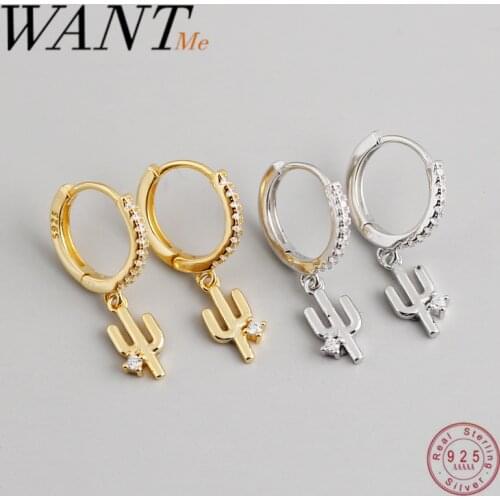 WANTME Luxury Pave Round Zircon Real 925 Sterling Silver Cactus Hanging Stud Earrings for Women Party Couple Jewelry Gift 2020