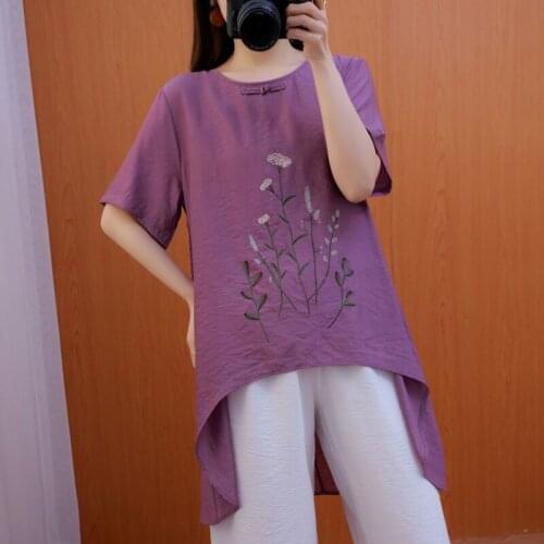 Chinese Style Shirt Soild Color Casual Ladies Top With Short Front And Long Back Asymmetric Shirt Oriental Style Clothing 30803